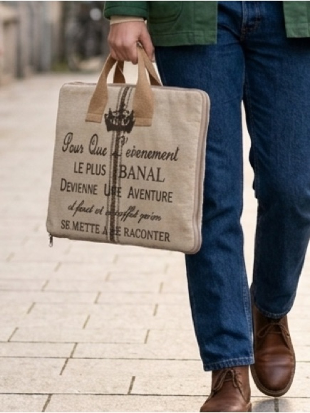 Vintage French-Style Quilted Burlap Canvas Laptop Sleeve / Tote Bag Portfolio